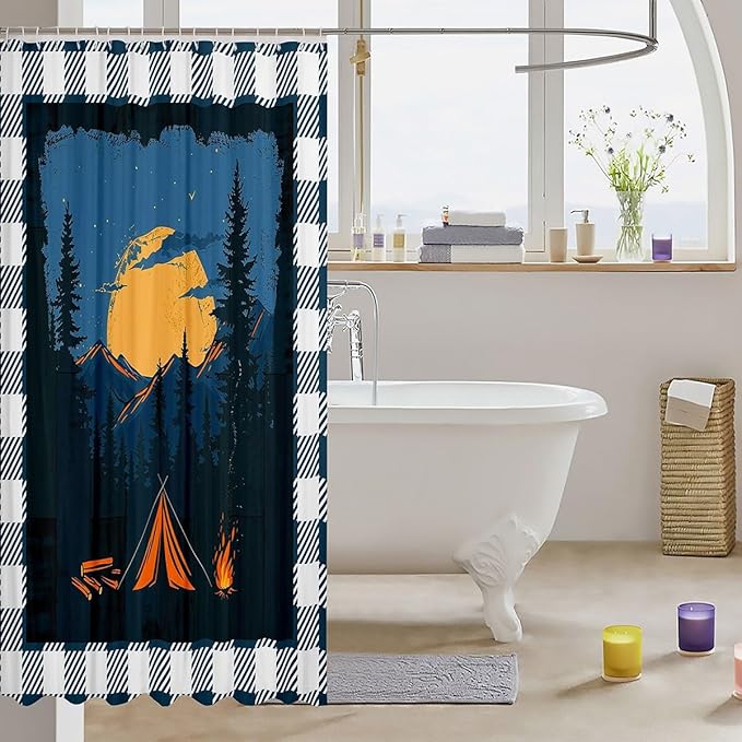 Feelyou Happy Camping Shower Curtain Rustic Farmhouse Style Fabric Shower Curtain for Kids Galaxy Bathroom Waterproof Accessories with 12 Hooks Dark Blue and White Plaid Curtains,72X84 Inches