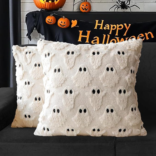 4TH Emotion Halloween Ghost Decorative Pillow Covers 18x18 Set of 2, Beige Soft Plush Faux Fur Farmhouse Throw Cushion Cases for Fall Autumn Holiday Home Decorations