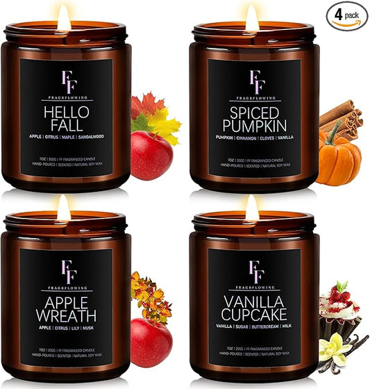 Scented Candles Set, 4 Pack Candles for Home Scented Natural Soy Wax, Holiday Gifts Set for Women Men, Fragrance of Spice/Vanilla Cupcake/Apple Wreath/Hello Fall