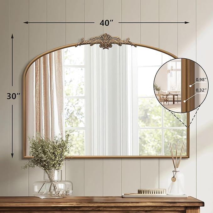 Vintage Baroque Arched Mirror: 40"x30" Gold Antique Wall Mounted Mirror - Traditional Ornate Metal Frame - Home Decor for Entryway/Fireplace/Living Room/Hallway/Bathroom