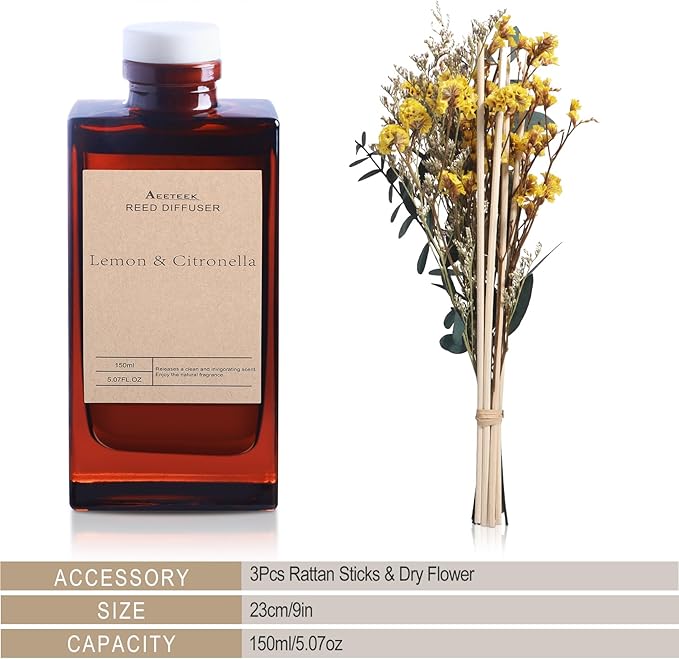 Reed Diffuser Set - Lemon Citronella Essential Oil, 5 oz/150ml Lemon Aroma Scent Oils Air Freshener with Flower Decoration and Diffuser Sticks, Home Fragrance for Room Bathroom Decor