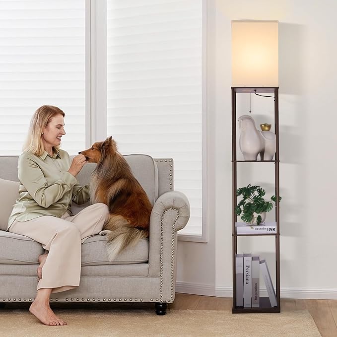 Floor Lamp with Shelves, Modern Square Standing Lamp with 3-Color Remote Control Dimming Bulb, Corner Display Bookshelf Lamp for Living Room, Bedroom and Office (brown-9YK)