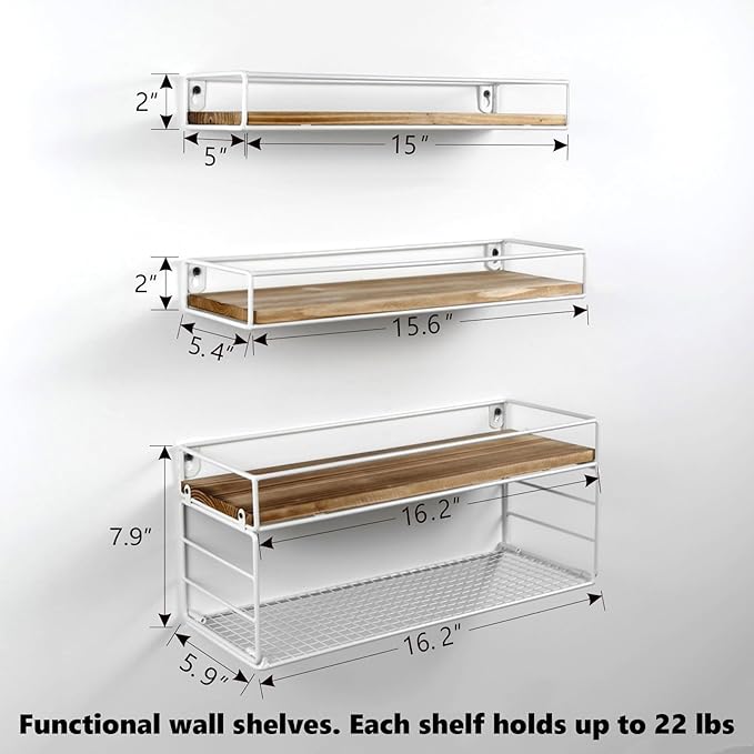 Wall Mounted Bathroom Shelves Over Toilet, Farmhouse Wall Floating Shelf with Guardrail, Bathroom Decor for Bedroom Living Room Kitchen, White (16.2 Inch Set of 3)