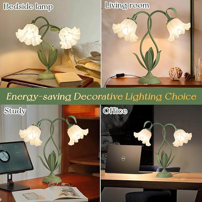 Cute Flower Table Lamp, Bedside Vintage Flower Lamp with LED Bulb, 3 Colors Temperature Reading Light, Table Lamp for Bedroom Living Room Lighting Desk Lamps Home Decoration(Green)