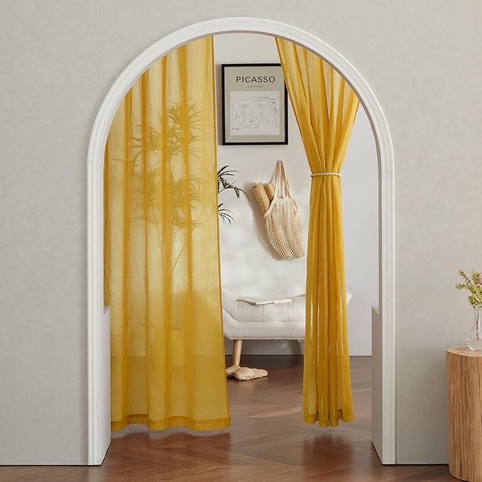 NICETOWN Semi Sheer Gold Curtains 96 inches Long, Grommet Linen Weave Vintage Vertical Drapes Privacy with Light Filtering for Living Room/Farmhouse, Citrine, 2 Panels, W52 x L96