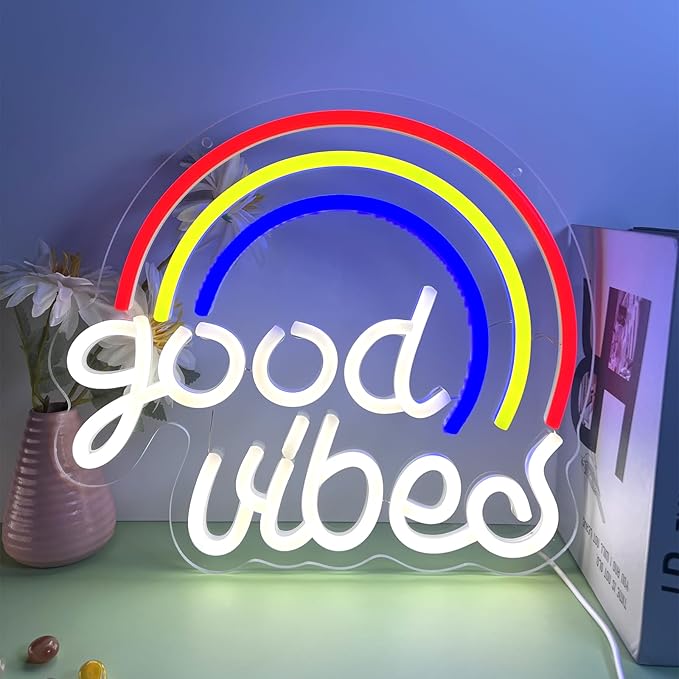 Rainbow GOOD VIBES Neon Sign - Multicolor Positive Vibes Light for Bedroom, Yoga Studio, Cafe, USB Dimmable, Shatterproof Wall Decor, Inspirational Gift(13x12 Inch)