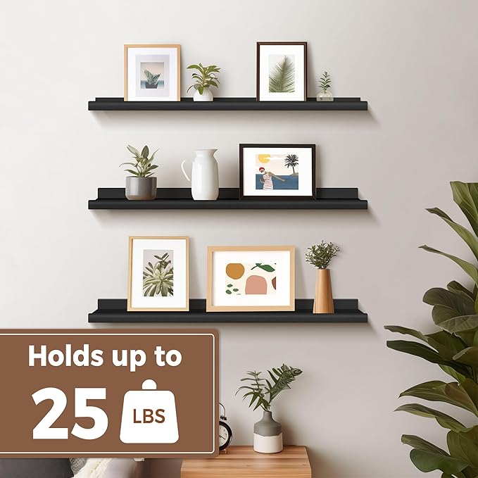 Annecy Floating Shelves Wall Mounted Set of 3, 36 Inch Black Rustic Wood Shelves for Wall, Wall Storage Shelves with Guardrail Design for Bedroom, Bathroom, Kitchen, Office, 3 Different Sizes
