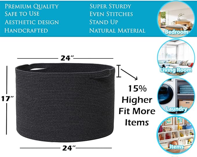 24" x 24" x 17" Max Size Large Cotton Rope Basket, Extra Large Storage Basket, Woven Laundry Hamper, Cloth Storage Bin, for Blankets Clothes Towels Pillows in Living Room, All Black Grey Mix