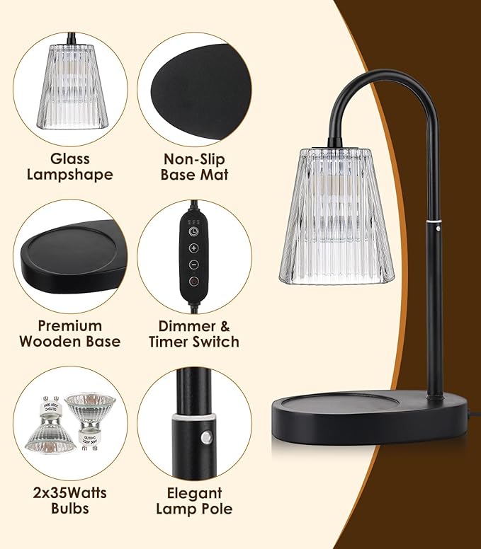 Candle Warmer Lamp - Electric Candle Lamps Warmer with Dimmer Adjustable Height Timer Lamp Candles Warmers Glass Vintage Nightstand Lamp Sets with 2 Bulbs（Grey）