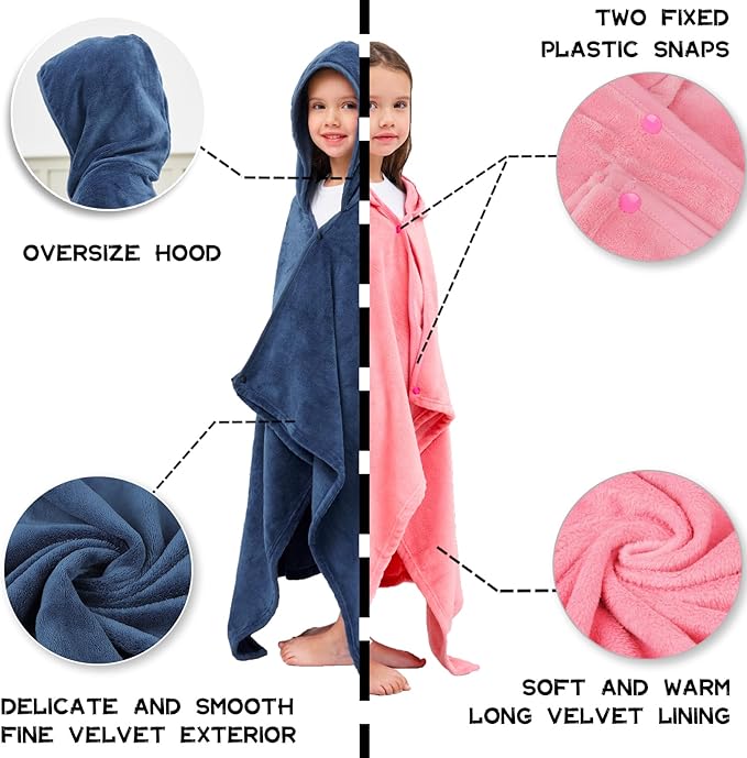 Hiturbo 2Pcs Kids Fleece Hooded Towel: Soft Plush Warm Blanket - 50"x30" Pool Beach Bath Swim Towel Wrap for 3-12 Yrs (Navy+Pink)