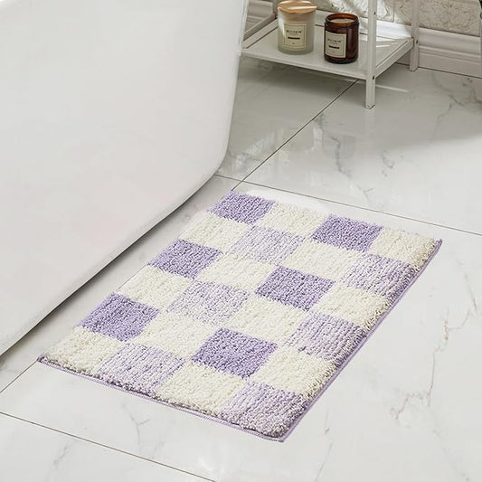 CozeCube Checkered Bath mats for Bathroom Non Slip, Fluffy Absorbent Microfiber Bath mat Washable, Aesthetic Bathroom Rugs, Cute Bath mat for Shower Sink, Purple, 32" x 20"