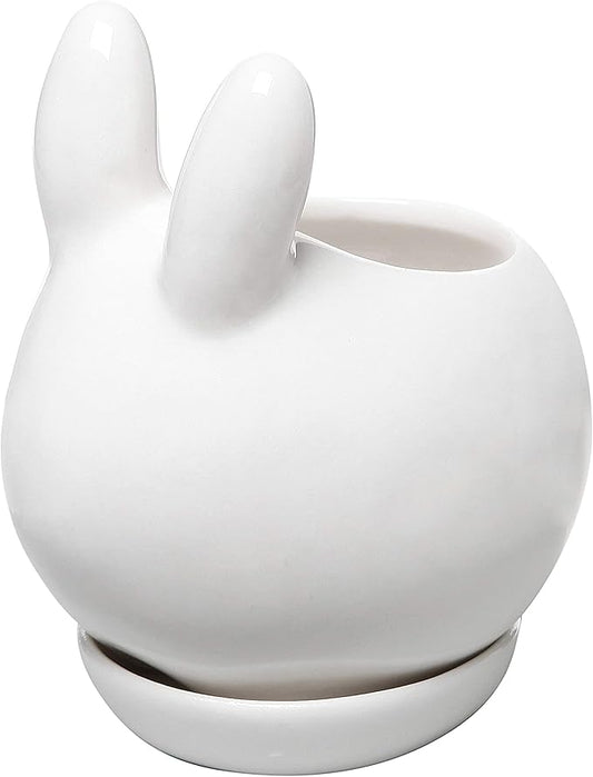 MyGift Mini Ceramic Bunny Planter, Decorative Rabbit Design White Small Flower Pot Succulent Planter with Detached Saucer