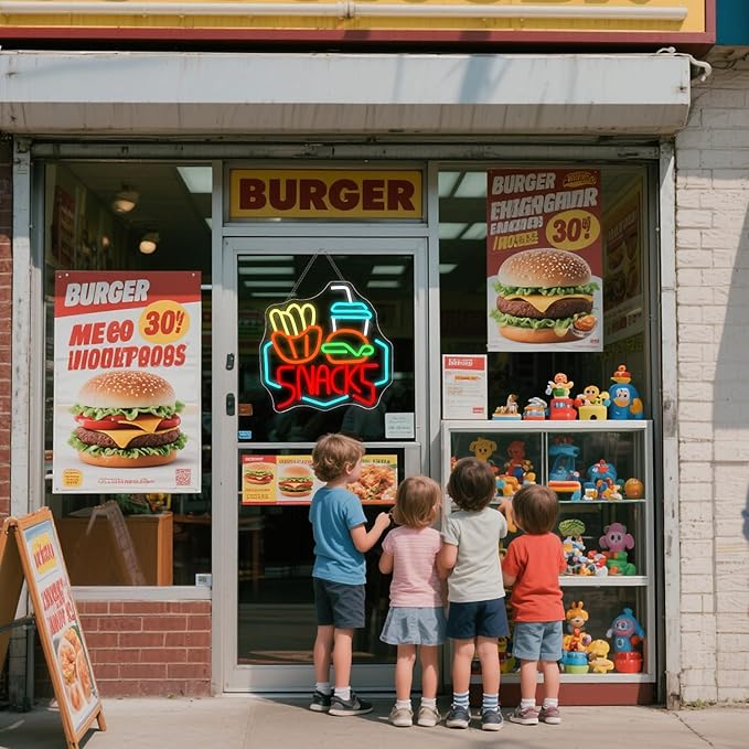Lucunstar Snack Burger Fries Neon Sign,LED Sign for Burger Shop Decor,Hamburger LED Neon Light,USB Connectivity Neon Sign with Dimming switch for Restaurant,Kitchen,Store,Party,Bar Sign