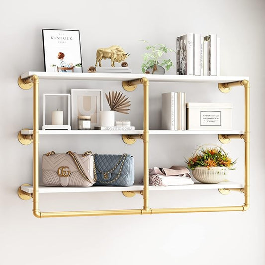 HOMEKAYT 48'' Industrial Pipe Shelving Floating Wall Shelves 3 Tier Gold Shelves Multiple Use for Kitchen, Bedroom,Living Room,Bathroom
