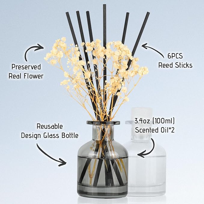 Brakula 2 Pack Reed Diffuser, Bamboo + Eucalyptus & Wild Mint (3.38 fl oz Each Pack), Home Fragrance with 12 Sticks, Shelf Decor, Reed diffusers for Home