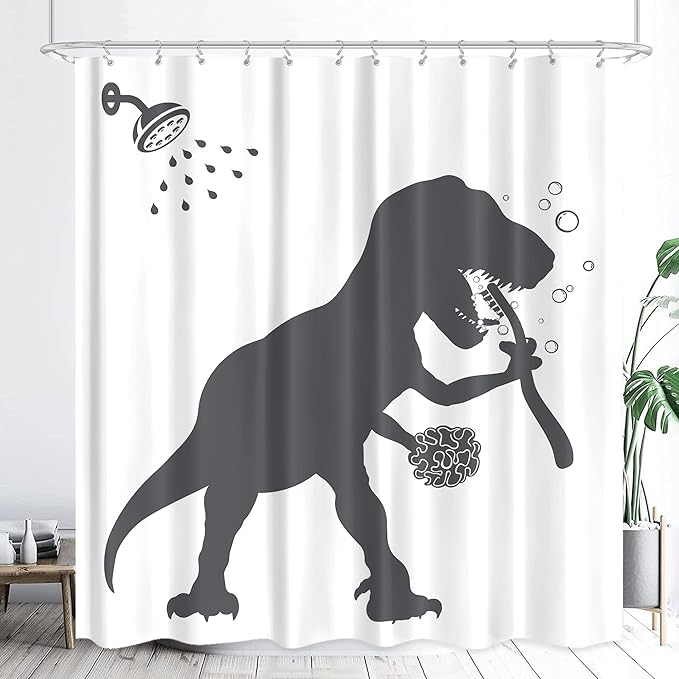 LGhtyro Extra Long Funny Dinosaur Shower Curtain 71Wx84H Inch Cool Dino Shower Curtain Bathroom Set Cute Animal Shadow Silhouette Bath Curtain Black White Kids Accessories for Teens Boy Bathroom Decor