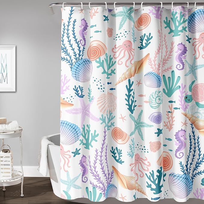 AILONEN Kids Ocean Shower Curtain for Bathroom,Funny Cute Octopus Fish Ocean Under Sea Coral Starfish Bath Curtain for Boys Girls, 72" W*78" H Art Waterproof Decor Fabric 12 Pack Hooks