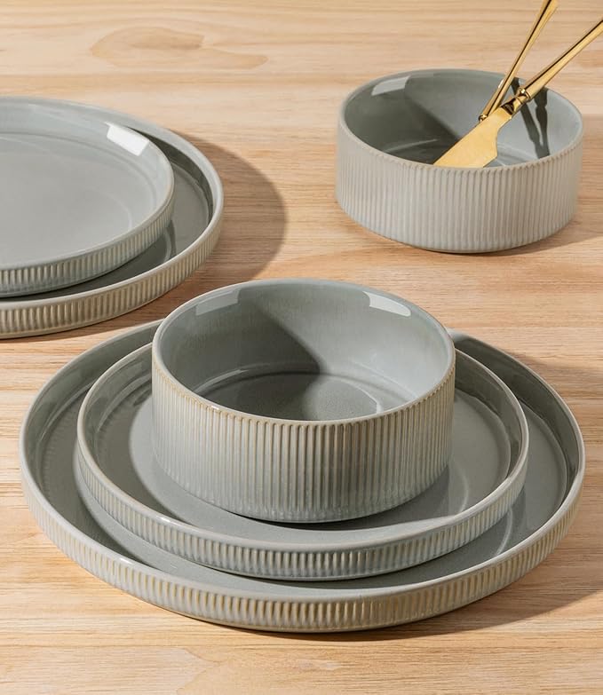 TheTerra Ceramic Dinnerware Sets for 4, 12 Pieces Porcelain Lightweight Plates and Bowls Sets, Scratch Resistant Dish Set, Oven & Microwave & Dishwasher Safe, Desert Sage