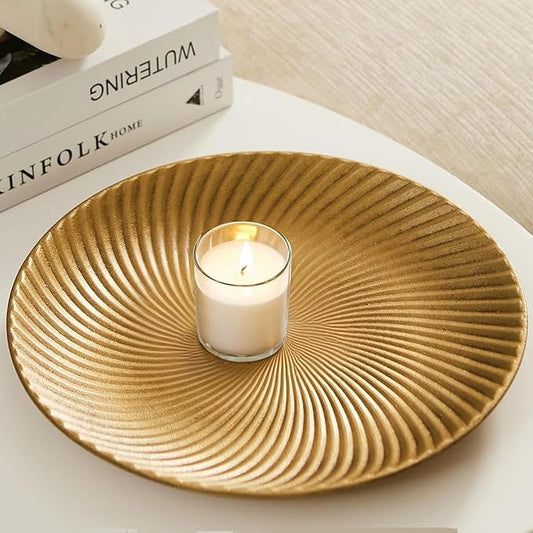 DN DECONAITON Brass Gold Decorative Tray for Coffee Table,12” Round Wood Tray for Home Decor, Spiral Design Vintage Vanity Trays Farmhouse Table Centerpiece, Living Room, Bedroom, Bathroom
