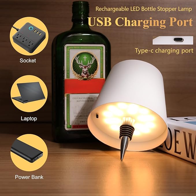 Wireless Bottle Lamp Shade,Rechargeable LED Portable Cordless Table Lamp, 3 Colors Stepless Dimming Touch Wine Bottle Lights for Outdoor Bars Dining Bedroom (White)