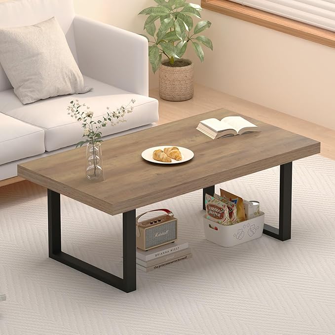 IBF Farmhouse Coffee Table, Modern Simple Wood Coffee Tables for Living Room, Industrial Minimalist Rectangle Center Table, Wood and Metal Tea Coffee Table for Home Office Bedroom, Rustic Oak, 39 in