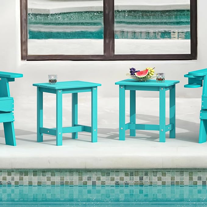 LUE BONA Outdoor Side Table Set of 2, HDPS Small Outdoor Table, Adirondack Side Table, Outside End Table for Patio, Deck, Pool, Weather Resistant/Easy Maintenance/Indoor or Outdoor Use, Aruba Blue