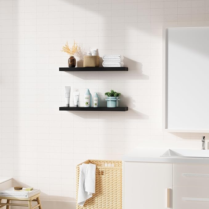 Bellsal Floating Shelves for Wall, Black Engineered Wood Wall Shelf Set of 2, 24" Wall Mounted Floating Shelf for Kitchen, Living Room, Bedroom, Bathroom Storage, Book Shelf for Home Decor