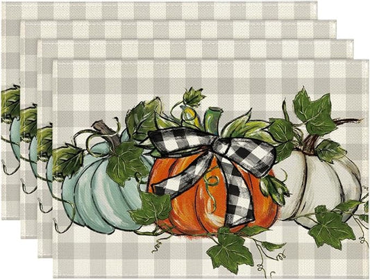 Artoid Mode Buffalo Plaid Pumpkins Leaves Fall Placemats Set of 4 for Table Runner, Kitchen Dining Table Decoration for Indoor Party 12x18 Inch