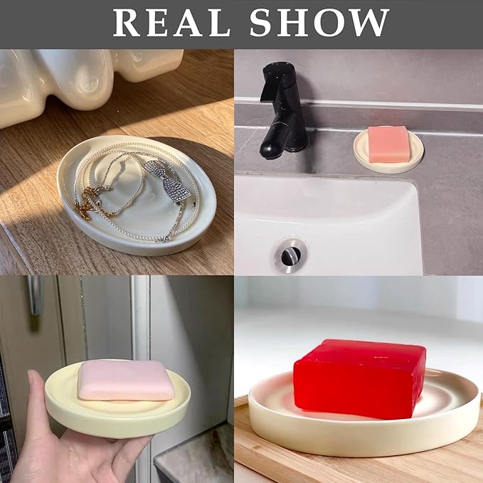 Ceramic Soap Dish Creamy Yellow Modern Soap Bar Holder Porcelain Solid Chic Trays Saver for Shower Bathroom Tub Razor Kitchen Keep Soap Bars Dry, Easy to Clean, 4.92" L x 3.74" W