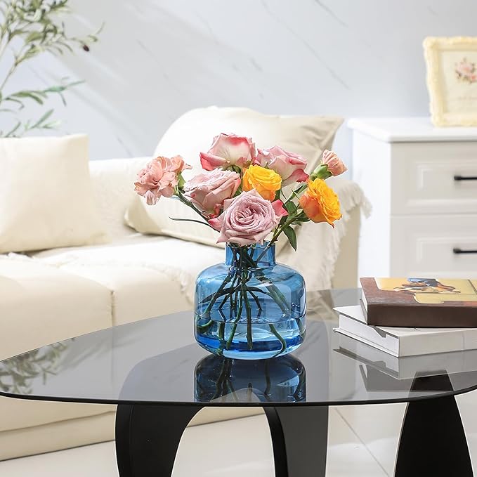 Blue Glass Vase, Short Flower Vase, Round Glass Vases for Flowers, 6 Inch Small Glass Vases for Living Room, Dining Table, Wedding, Bookshelf, Office, Coffee Table