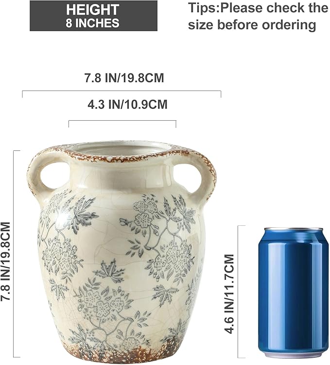 Enra Vintage vase with Handle,Blue and White Ceramic Decorative Flower vase, Chinoiserie Floral Vase,Large Rustic Vases for Home Decors, Living Room, Bookshelf, Office,7.8 in