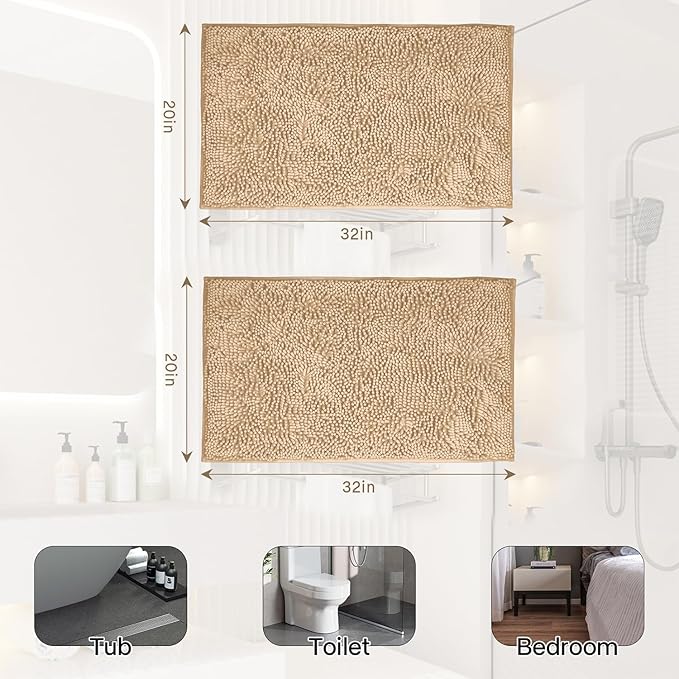 Bathroom Rugs Sets 2 Piece Washable, Luxury ，Chenille Bath Mat Set, Soft Plush Anti-Slip Rectangular Bath， Rug Super Absorbent. (Camel, 32"x20"+32"x20")