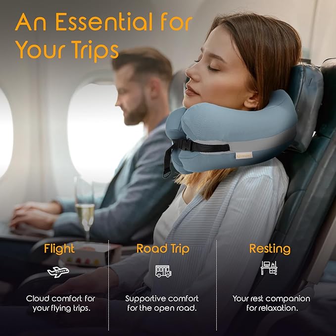 Travel Neck Pillow Premium Memory Foam, Head Support, Comfortable and Soft for Flight and Trip. Airplane Traveling Kit with Contoured Eye Mask, Triple Layer Earplug, and Travel Bag (Ice Blue)