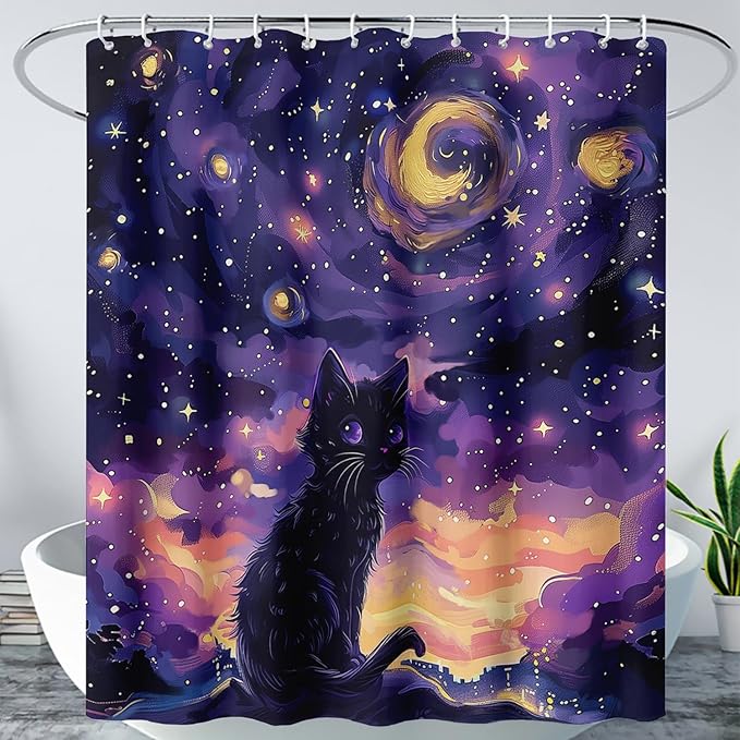 AILONEN Black Cat Shower Curtain,Cartoon Mother Son Kitten Shower Curtain Set for Kids Boys Girls,Boho Style Starry Night Shower Curtain with Hooks for Bathroom,72" W*96" H