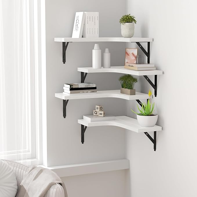 Corner Floating Shelves Wall Mounted Set of 4, Rustic Wood Storage Display Wall Shelves for Home Decor, Bathroom, Kitchen, Bedroom, Living Room, Office (White)