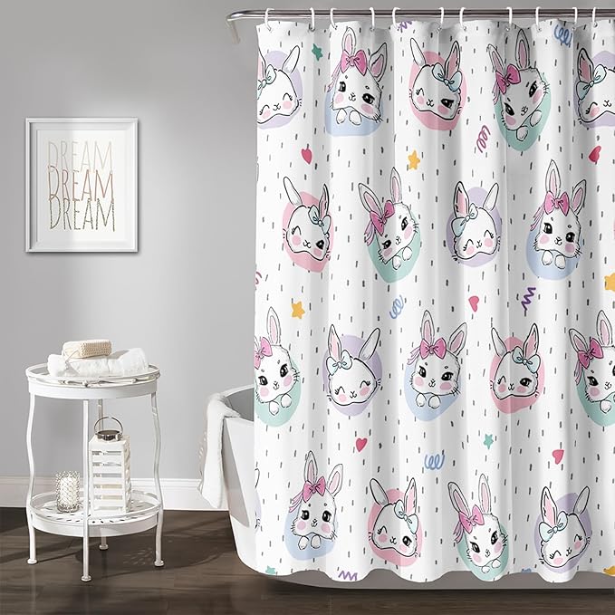 AILONEN Cute Rabbit Shower Curtain, Cartoon Kawaii Bunny Shower Curtain for Bathroom,Modern Minimalist White Waterproof Fabric Shower Curtain Set with Hooks 60" W*72" H
