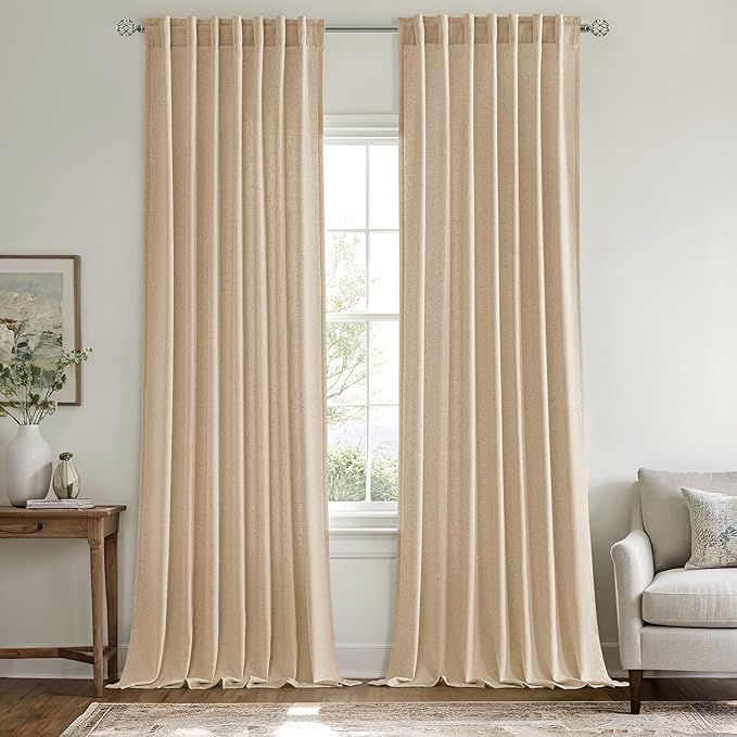 MIULEE Non-See-Through Privacy Linen Curtains 2 Panels, Light Filtering Window Curtains Farnhouse Textured Back Tab Semi Sheer Drapes for Bedroom Living Room, 52 x 108 Inches Long, Light Brown
