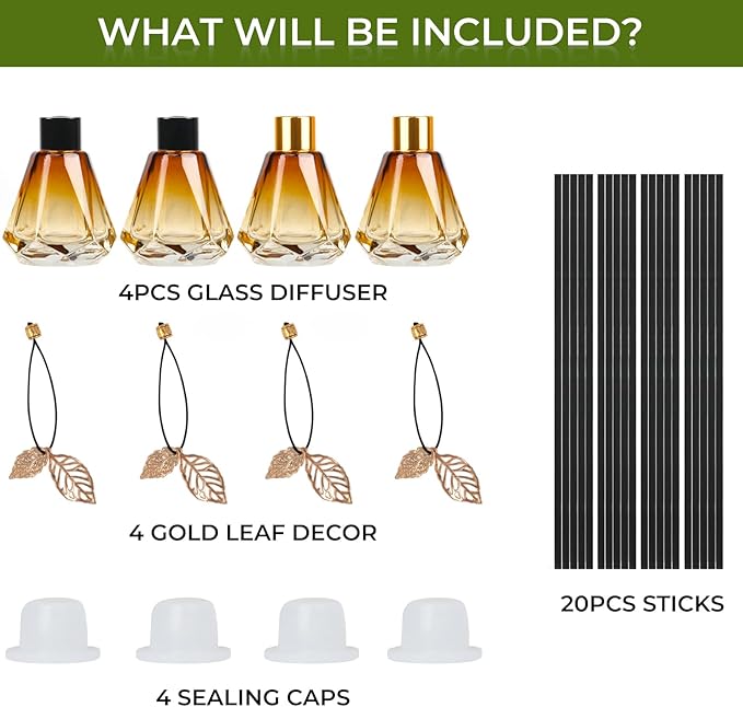 Reed Diffuser, Reed Diffuser Empty Bottles with 20pcs Reed Diffuser Sticks, Delicate Gold Leaf Decor, Glass Fragrance Diffuser Set with lids for Home… (Black+Gold, 4PCS)