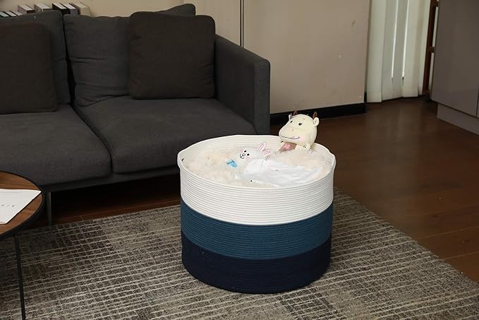 24" x 24" x 17" Max Size Large Cotton Rope Basket, Extra Large Storage Basket, Woven Laundry Hamper, Cloth Storage Bin, for Blankets Clothes Towels Pillows in Living Room, Dark Blue/Deep Blue