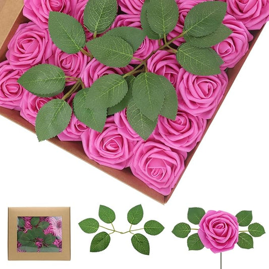 Artificial Flowers Roses Real Looking Foam Fake Roses with Leaves and for DIY Wedding Bouquets Bridal Shower Centerpieces Party Decorations (Hot Pink, 100)