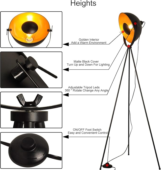 Modern Industrial Tripod LED Satellite Floor Table Lamp - Vintage Adjustable Reading Standing Desk Light Deco - Movie Media Nautical Elegant Design Lighting for Living Room Bedroom(Black,E26 Base)