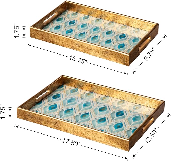 Glitzhome Serving Tray with Handles, Set of 2 Rectangle Wooden & Plastic Peacock Feathers Pattern Decorative Trays Storage Tray for Living Room Ottoman Party Supplies, 17.5" x12.5" and 15.75" x 9.75"