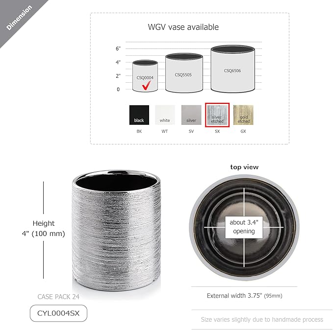 WGVI Silver Etched Ceramic Cylinder Vase Width 3.75" Height 4", Flower Arrangements, Candle Holder, Terrarium Planter Pot, Storage Container Organizer, Pen Brush Holder, Scratched Texture, 24 Pcs