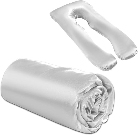 Silky Satin Pregnancy Pillow Cover (ONLY Pillowcase), U Shaped Luxurious Smooth Maternity Pillow Cover, Soft & Breathable Large Pillow Protector with Hidden Zip for Side Sleeper, White