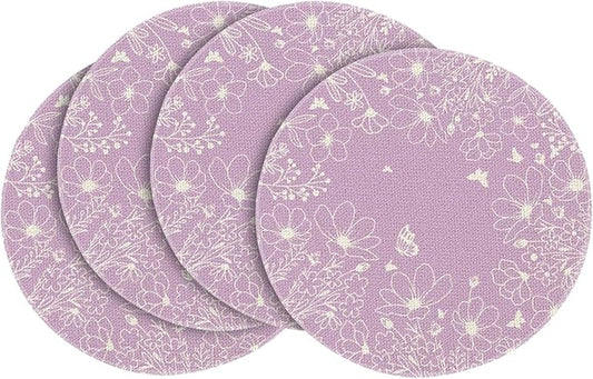 Artoid Mode Purple Flowers Floral Butterflies Spring Round Placemats Set of 4, 14 Inch Seasonal Round Table Mats for Dining Decoration