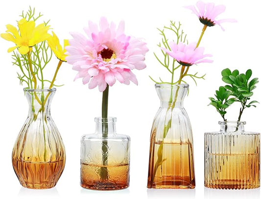 Mapoxy Glass Bud Vases Set of 4,Small Brown Flower Vases for Wedding Centerpiece Table Decorations,Clear Vintage Embossed Mini Vases,Flower Arrangements in Vases for Party or Home Decor
