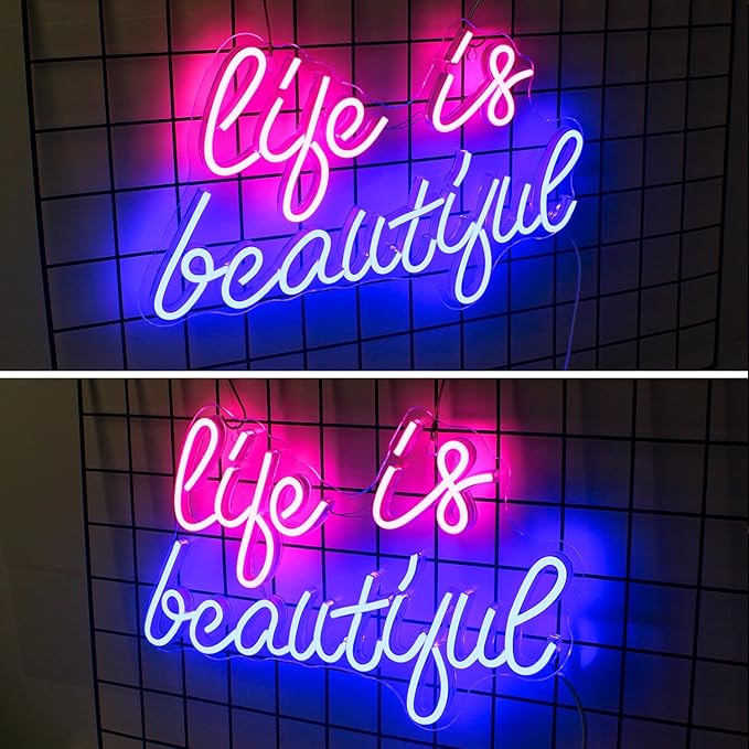 Life is Beautiful Neon Signs for Wall Decor, Letter Neon Lights for Bedroom, Led Sign with USB Powered for Livingroom, Wall Hanging Decor, Windows (blue&pink)