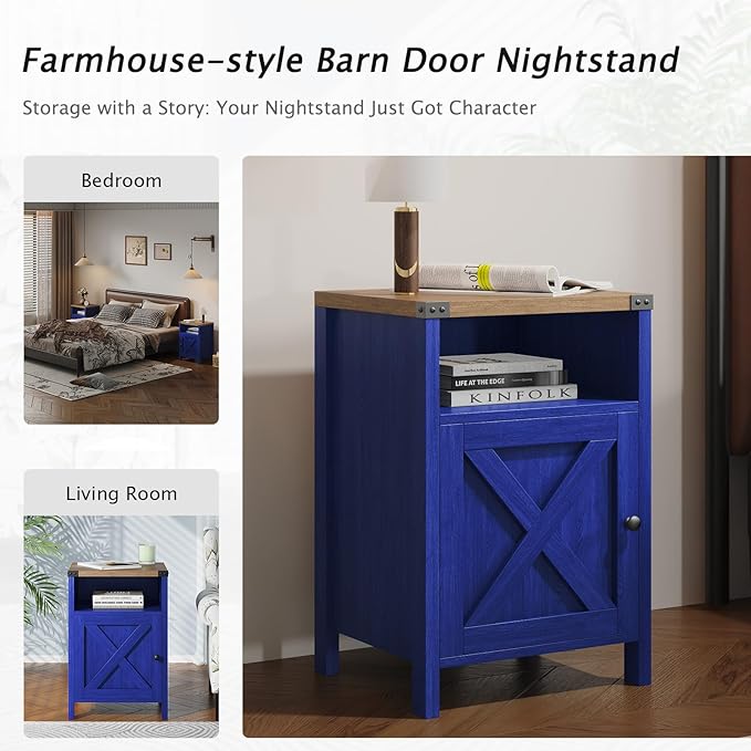 Farmhouse End Table, Nightstand, Set of 2, End Tables with Barn Door and Shelf, Modern Bed Side Table Rustic Nightstands Set for Bedroom, Living Room, Navy Blue