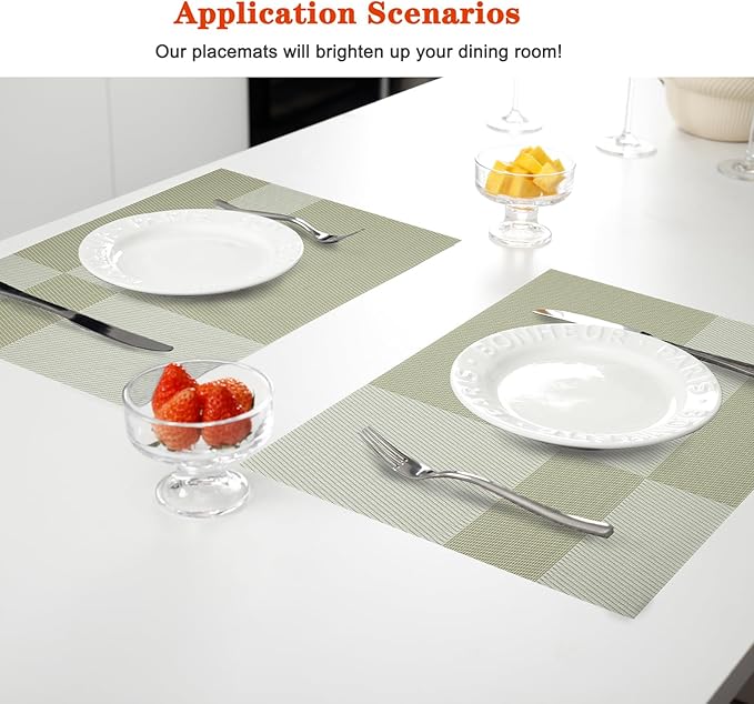 Placemats Set of 12,Washable,Heat and Stain Resistant Indoor/Outdoor Place mats, Vinyl Woven Non Slip Table Mats for Restaurant Table Protection, PVC Table Placemats.(Green, 12PCS)