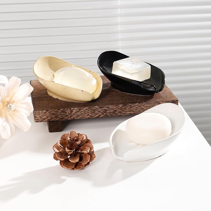 Soap Holder, Self Draining Soap Dishes 2PCS, Leaf Shape Ceramic Bar Soap Holder Drain Soap Dishes for Bathroom Sink Kitchen, Easy to Clean Keeps Soap Dry, Black, ANTIS'S HOME
